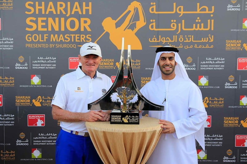 SHARJAH, UNITED ARAB EMIRATES - MARCH 18:  Chris Williams of South Africain receives the trophy from HE Marwan bin Jassim Al Sarkal, CEO of the Sharjah Investment and Development Authority (Shurooq) after the Sharjah Senior Golf Masters played at Sharjah Golf & Shooting Club on March 18, 2017 in Sharjah, United Arab Emirates.  (Photo by Phil Inglis/Getty Images)