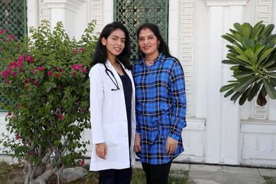 AJMAN, UNITED ARAB EMIRATES , June 17  – 2020 :- Priya Rani, Student of Gulf Medical University Ajman with her mother Ranjita Rani outside the Thumbay hospital in Ajman. These medical students volunteered at local hospitals when Covid hit in the UAE.  (Pawan Singh / The National) For News. Story by Anna