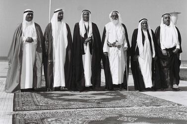 The Founding President, Sheikh Zayed and UAE rulers at Union House in Dubai. December 2, 1971. Courtesy Al Ittihad