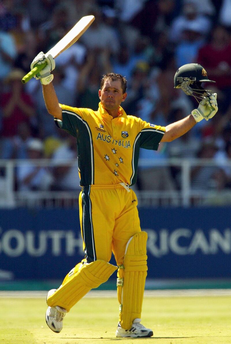 JOHANNESBURG- MARCH 23:  Ricky Ponting of Australia celebrates his century during the World Cup Final One Day International Match between Australia and India played at the Wanderers, Johannesburg, South Africa, on March 23, 2003. (Photo by Hamish Blair/Getty Images)  