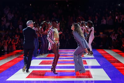 Designer Tommy Hilfiger, left, singer Grace Jones, centre, and actress Zendaya walk the runway with models at the conclusion of the Tommy Now ready to wear Fall-Winter 2019-2020 collection, that was presented in Paris, Saturday, March 2, 2019. (AP Photo/Michel Euler)
