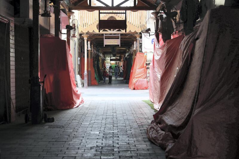 DUBAI, UNITED ARAB EMIRATES , March 24 – 2020 :- View of the closed shops at the Utensil Souq in Deira as people are staying home as a preventive measure against coronavirus in Deira Dubai. (Pawan Singh / The National) For News/Online/Standalone.