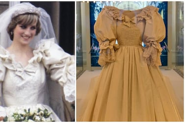 Left: Princess Diana on her wedding day in July 1981. Right: The late royal's wedding dress at the Royal Style in the Making exhibition at Kensington Palace in London. Getty Images, AP Photo