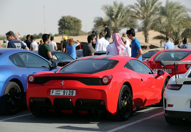 Dubai, United Arab Emirates - January 6th, 2018: A Ferrari 458 at the meeting of the Supercars Club Arabia. Saturday, January 6th, 2018 at Bab Al Shams Desert Resort & Spa, Dubai. Chris Whiteoak / The National