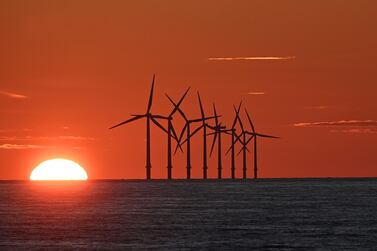 The Burbo Bank Offshore Wind Farm in the Irish Sea in north-west England. Global spending on energy transition hit a record of more than $500bn in 2020. AFP 