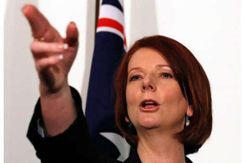 Australian prime minister Julia Gillard gestures during a press conference following the Labour leadership spill, which saw her call a leadership ballot for the role of prime minister at Parliament House on Thursday, June 24, 2010 in Canberra, Australia.