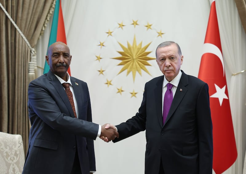 Sudan's military ruler Gen Abdel Fattah Al Burhan meets Turkey's President Recep Tayyip Erdogan at the Presidential Palace in Ankara on Wednesday. Turkish President Press Office / EPA