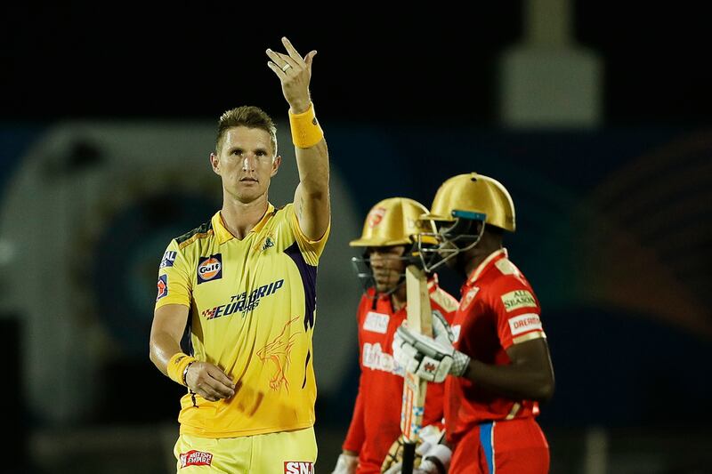 Dwaine Pretorius of Chennai Super Kings after taking the wicket of Rahul Chahar. Sportzpics / IPL