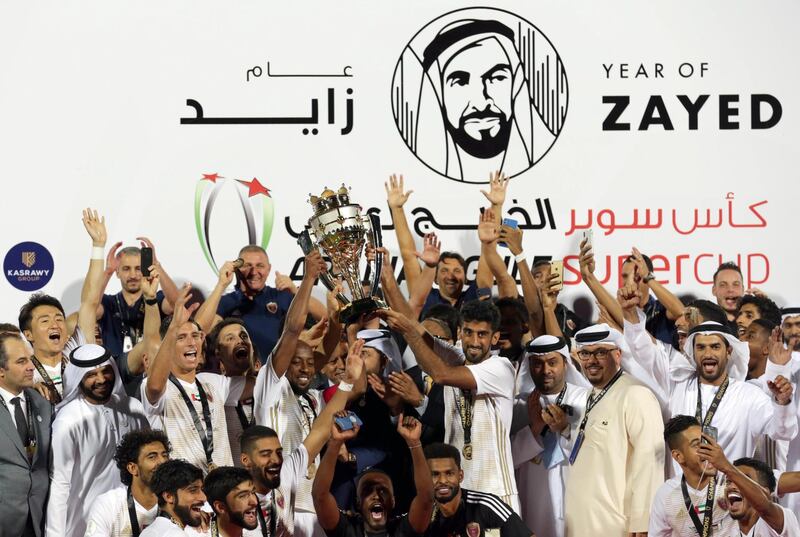 Al Wahda celebrate UAE Super Cup success following a penalty shoot-out victory over Al Ain in the Arabian Gulf Super Cup match played in Cairo, Egypt. Courtesy AGL