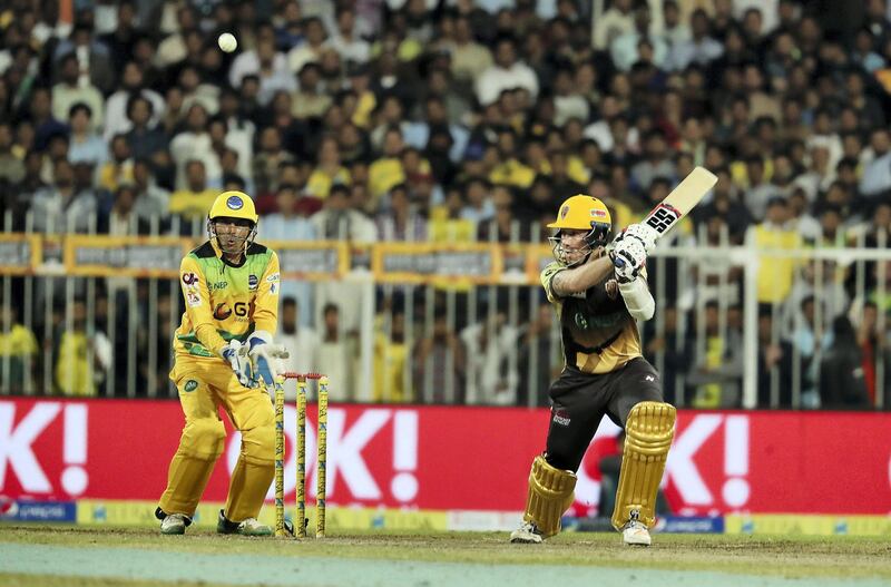 SHARJAH , UNITED ARAB EMIRATES , DEC 17  – 2017 :- Luke Ronchi of Punjabi Legends team playing during the 2nd semi-final against Pakhtoons in the T10 Cricket League held at Sharjah Cricket Stadium in Sharjah.  (Pawan Singh / The National) Story by Paul Radley