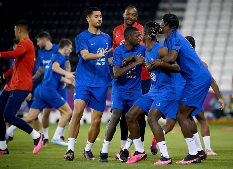 France's forward Ousmane Dembele and teammates attend a training session in Doha ahead of their World Cup 2022 quarter-final against England. AFP
