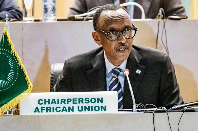African Union (AU) Chairperson and Rwanda's President Paul Kagame (R) speaks during a High Level Consultation Meeting with African leaders on DR Congo election at the AU headquarters in Addis Ababa, on January 17, 2019. / AFP / EDUARDO SOTERAS
