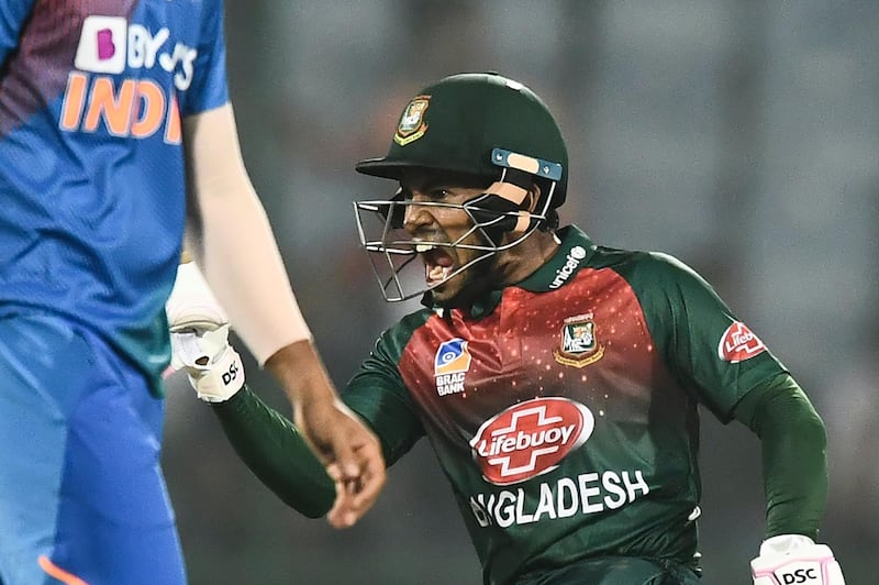 Bangladesh's Mushfiqur Rahim celebrates their victory during the first T20 international cricket match of a three-match series between Bangladesh and India, at Arun Jaitley Cricket Stadium in New Delhi on November 3, 2019. ----IMAGE RESTRICTED TO EDITORIAL USE - STRICTLY NO COMMERCIAL USE-----
 / AFP / Jewel SAMAD / ----IMAGE RESTRICTED TO EDITORIAL USE - STRICTLY NO COMMERCIAL USE-----
