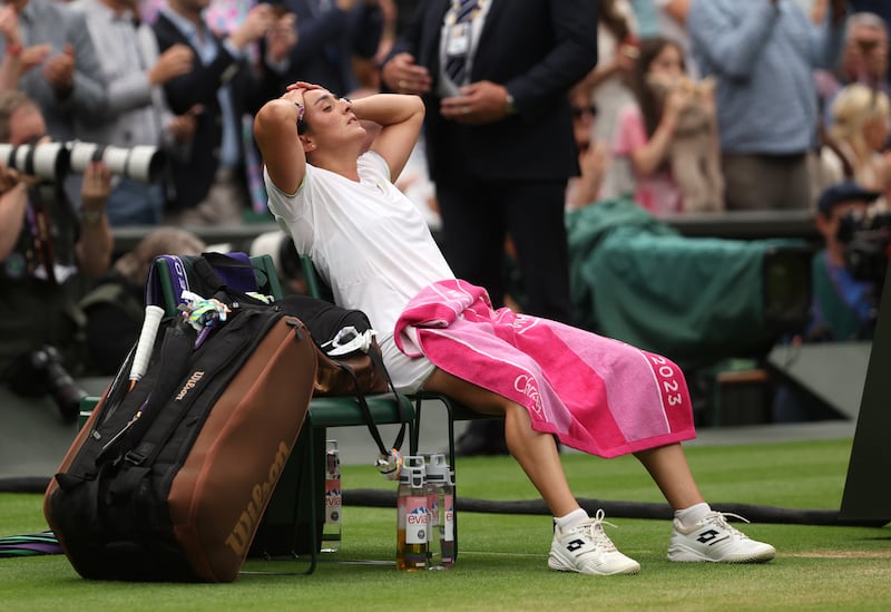 Ons Jabeur of Tunisia looks dejected following defeat to Marketa Vondrousova of Czech Republic in the Wimbledon final at the All England Club on Saturday, July 15, 2023. Getty