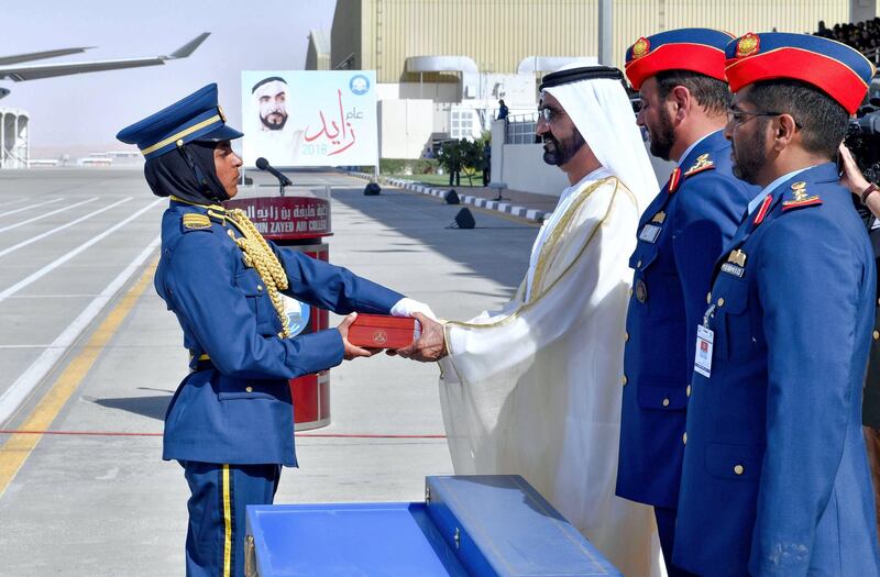 Sheikh Mohammed bin Rashid, Vice President, Ruler of Dubai and Minister of Defence, graduates Air Cadet and Cadet Pilot officers in a ceremony at Khalifa bin Zayed Air College in Al Ain on Monday. Wam