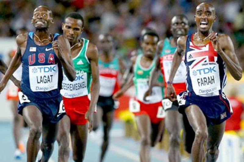 Bernard Lagat of the United States tried but failed to chase down Mo Farah of Great Britain in the 5,000-metre race.