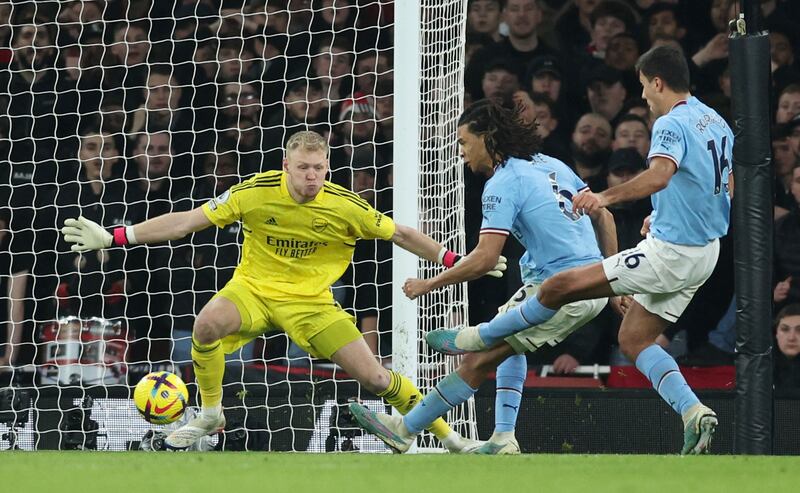 ARSENAL RATINGS: Aaron Ramsdale 7: Left in no man’s land by Tomiyasu pass ahead of De Bruyne’s goal. Saw Rodri header hit crossbar on brink of half-time. Beaten by deflected Grealish shot and no chance with Haaland finish. Reuters