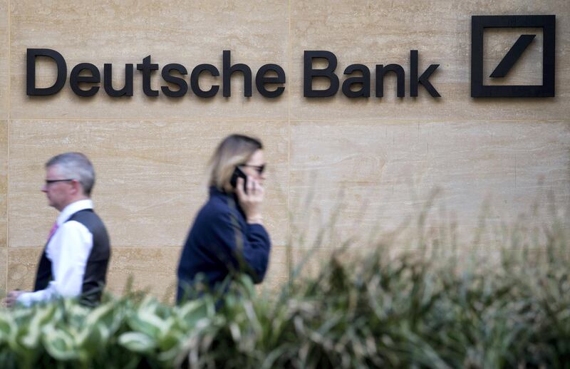 A view of the headquarters of German bank Deutsche Bank in London on May 5, 2017. / AFP PHOTO / Justin TALLIS