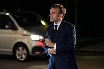 French President Emmanuel Macron arrives for the EU leaders' dinner in Brdo, Slovenia. AP