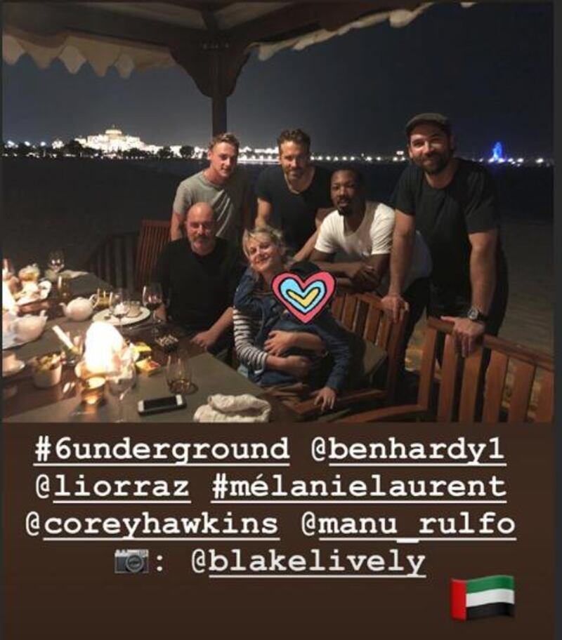 Ryan Reynolds and the cast of 6 Underground enjoy dinner on Abu Dhabi's Corniche. Ryan Reynolds / Instagram 