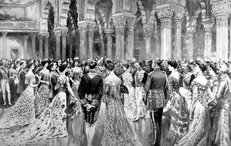 1902:  The State Lancers dancing at the Viceroy's Durbar Ball, in Diwan-I-Am, Delhi Fort, held to celebrate the coronation of Edward VII.  (Photo by Hulton Archive/Getty Images)