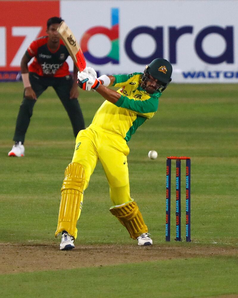 Australia's Mitchell Starc plays a shot at the Sher-e-Bangla National Cricket Stadium, Dhaka.