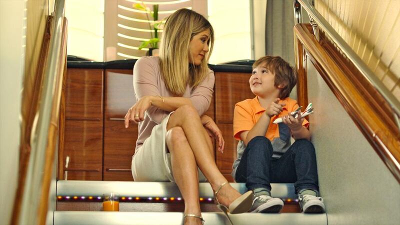Jennifer Aniston and her young co-star Cooper onboard the A380 in the new Emirates TVC