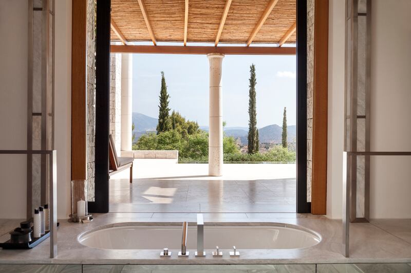 Views from the bathtub at Amanzoe, Greece. Photo: Aman