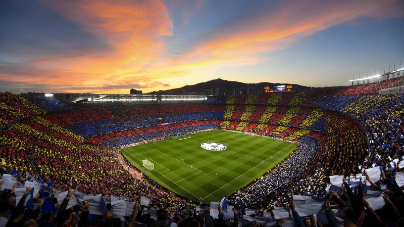 BARCELONA, SPAIN - MAY 01: (EDITORS NOTE: Images is a digital [panoramic] composite.) A general view of the tifo display before the UEFA Champions League Semi Final first leg match between Barcelona and Liverpool at the Nou Camp on May 01, 2019 in Barcelona, Spain. (Photo by Michael Regan/Getty Images)