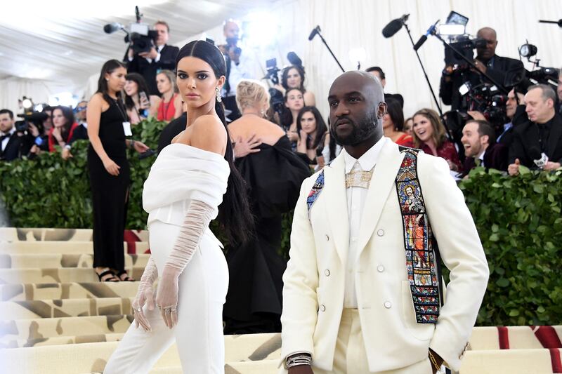 Model Kendall Jenner and Abloh attend the Heavenly Bodies: Fashion and the Catholic Imagination Costume Institute Gala at The Metropolitan Museum, New York City, in May 2018. AFP