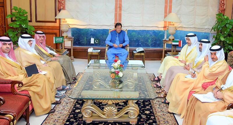 Pakistan's Prime Minister Imran Khan, centre, meets the Saudi delegation, left, led by Foreign Minister Adel Al Jubeir and UAE's delegration, led by Sheikh Abdullah bin Zayed. AFP