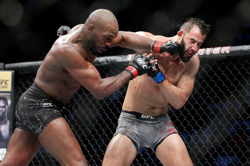 Jon Jones, left, connects with a punch to the face of Dominick Reyes during their light heavyweight mixed martial arts bout at UFC 247 in Houston on Saturday, February 8. The judges gave Jones a unanimous victory on points.  AP