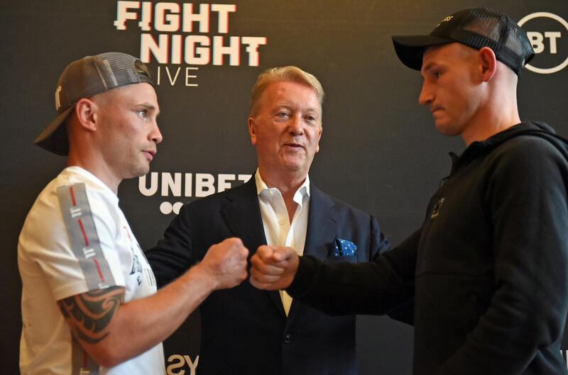 Mandatory Credit: Photo by Philip Sharkey/TGS Photo/Shutterstock (10739839p)
Carl Frampton (L), Frank Warren and Darren Traynor during a Press Conference at the Council Chamber, Bethnal Green on 10th August 2020
Frampton Fight Week Press Conference, Boxing, The Council Chamber, Town Hall & Apartments, Bethnal Green, London, UK - 10 Aug 2020