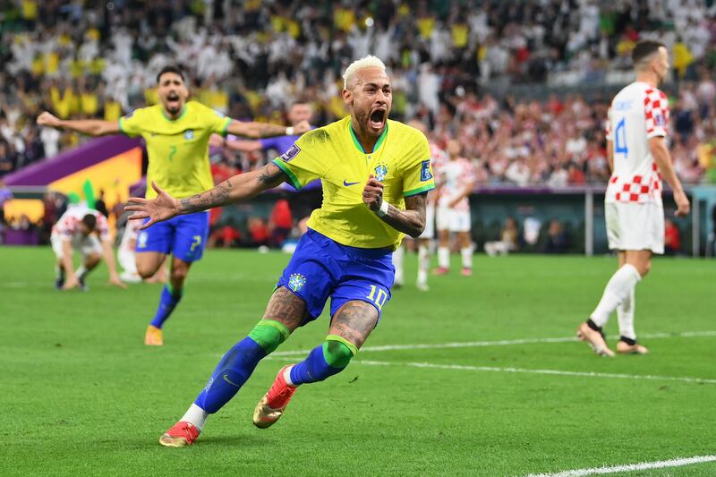 Neymar celebrates after putting Brazil in front against Croatia. Getty