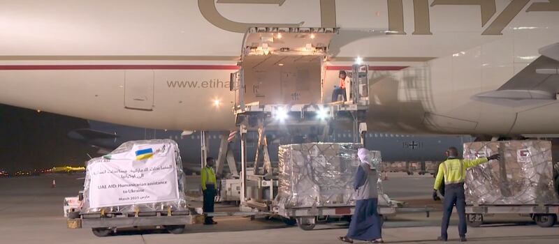The UAE on Friday sent 14 tonnes of aid to Ukraine. Photo: Wam
