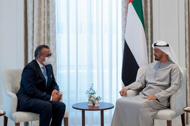 ABU DHABI, UNITED ARAB EMIRATES - December 11, 2021: HH Sheikh Mohamed bin Zayed Al Nahyan, Crown Prince of Abu Dhabi and Deputy Supreme Commander of the UAE Armed Forces (R), meets with Dr Tedros Adhanom Ghebreyesus, Director General of the World Health Organization (WHO) (L), at Al Shati Palace. 

( Mohamed Al Hammadi / Ministry of Presidential Affairs )
---
