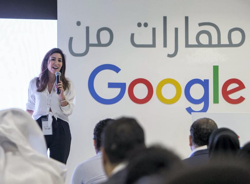 DUBAI, UNITED ARAB EMIRATES, April 15, 2018 - Joyc Baz, Head of Communications and Public Affairs, Google MENA at the Maharat Min Google announcement at Youth X Hub, Jumeirah Emirates Tower, Dubai. (Leslie Pableo/For The National) for Business story by Sarmad Khan 