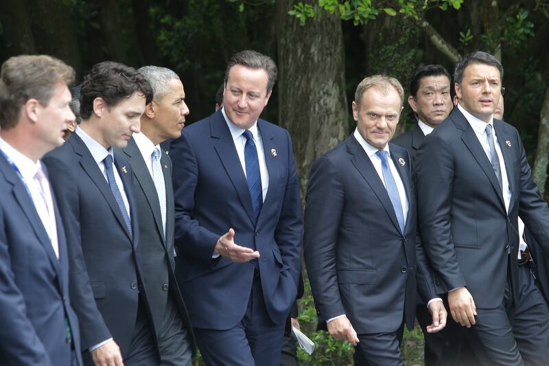 Current Canadian Prime Minister Justin Trudeau, US president at the time, Barack Obama, British prime minister at the time, David Cameron, Mr Tusk and Italian prime minister at the time, Matteo Renzi, in Japan in 2016. Getty Images