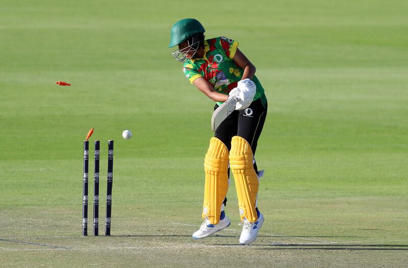 Vanuatu's Vicky Mansale is bowled by UAE's Samaira Dharnidharka for one