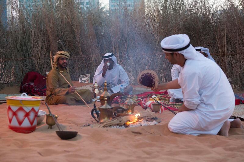 ABU DHABI, UNITED ARAB EMIRATES -February 11, 2015: Gahwa coffee is prepared over an open fire in the grounds of Qasr Al Hosn fort, on the opening day of the Qasr Al Hosn Festival 2015.  

( Christopher Pike / Crown Prince Court - Abu Dhabi )
— *** Local Caption ***  20150211CP_C148959.jpg