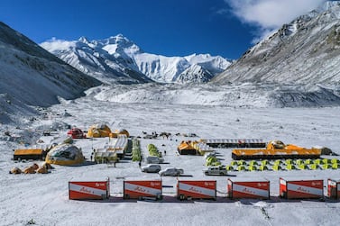 The base camp at the foot of the Chinese side of the peak of Mount Qomolangma, also known as Mount Everest, in southwestern China's Tibet Autonomous Region. Photo from April 2020. AP