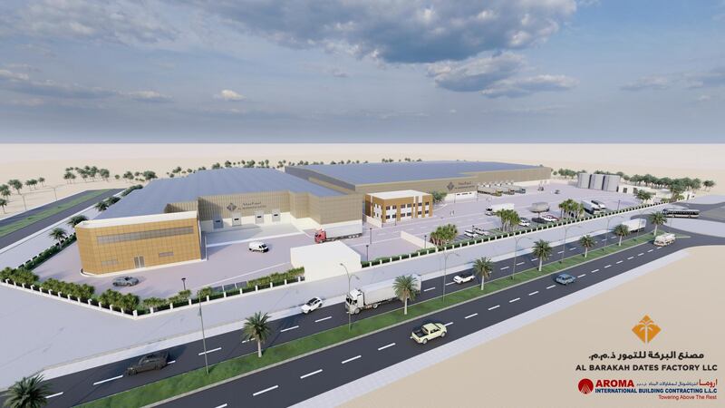 A rendering of Al Barakah Dates factory, which will process more than 100,000 tonnes of dates and date products each year once it opens in 2022. Courtesy: Al Barakah Dates