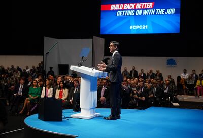  Chancellor of the Exchequer Rishi Sunak delivers his speech at the Conservative Party Conference at Manchester Central Convention Complex, where he pledged more job support funding. Getty Images