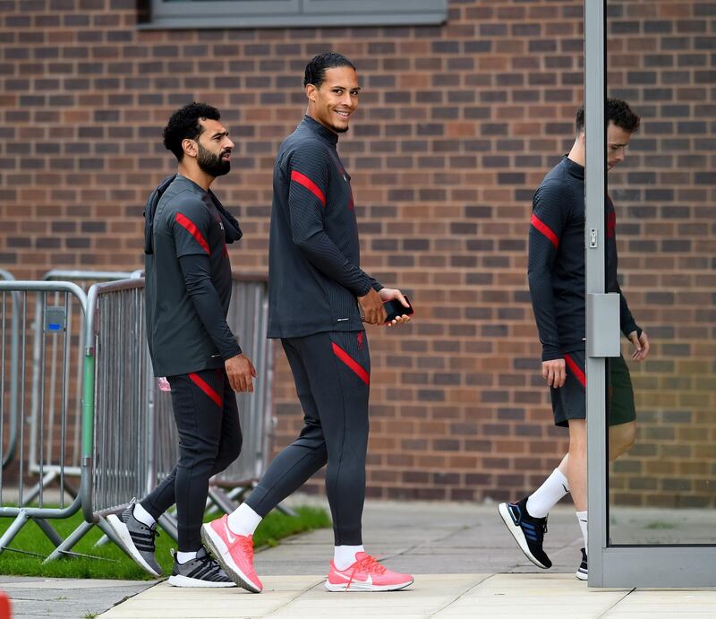 LIVERPOOL, ENGLAND - OCTOBER 02: (THE SUN OUT, THE SUN ON SUNDAY OUT) Mohamed Salah, Virgil van Dijk and Diogo Jota of Liverpool during a training session at Melwood Training Ground on October 02, 2020 in Liverpool, England. (Photo by Andrew Powell/Liverpool FC via Getty Images)