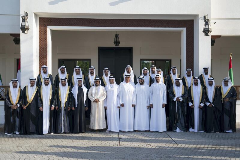 ABU DHABI, UNITED ARAB EMIRATES - November 15, 2018: HH Sheikh Nahyan bin Mubarak Al Nahyan, UAE Minister of State for Tolerance (4th L), HH Sheikh Tahnoon bin Mohamed Al Nahyan, Ruler's Representative in Al Ain Region (5th L), HE Ahmed Juma Al Zaabi, UAE Deputy Minister of Presidential Affairs (6th L), HE Jaber Al Suwaidi, General Director of the Crown Prince Court - Abu Dhabi (7th L), HH Sheikh Diab bin Tahnoon bin Mohamed Al Nahyan (8th L) and HH Sheikh Mohamed bin Nahyan bin Mubarak Al Nahyan (10th L), stand for a photograph during a mass wedding held at Majlis Al Manhal.

( Hamad Al Kaabi  / Ministry of Presidential Affairs )
---