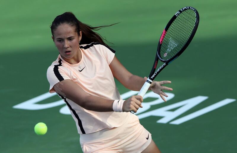 Daria Kasatkina of Russia returns the ball to Agnieszka Radwanska of Poland during the Dubai Duty Free Tennis Championship in Dubai, United Arab Emirates, Monday, Feb. 19, 2018. (AP Photo/Kamran Jebreili)