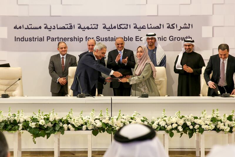 Jordanian Prime Minister Dr Bishr Al-Khasawneh, Dr Sultan Al Jaber, the UAE’s Minister of Industry and Advanced Technology and other officials at the meeting in Amman. Photo: Wam