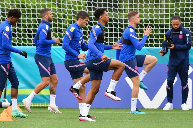 Left to right: Marcus Rashford, Kyle Walker, Conor Coady, Jude Bellingham and Jordan Henderson. AFP