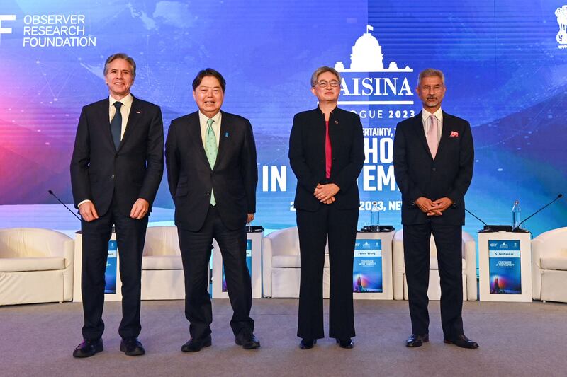 From left, US Secretary of State Antony Blinken, Japan’s Foreign Minister Yoshimasa Hayashi, Australian Foreign Minister Penny Wong and Indian Foreign Minister Subrahmanyam Jaishankar pose for a photograph in New Delhi.  AFP