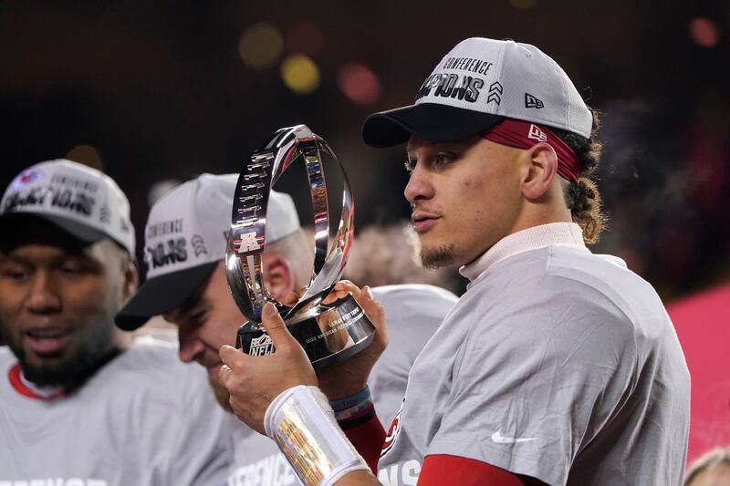 Kansas City Chiefs quarterback Patrick Mahomes celebrates. AP Photo